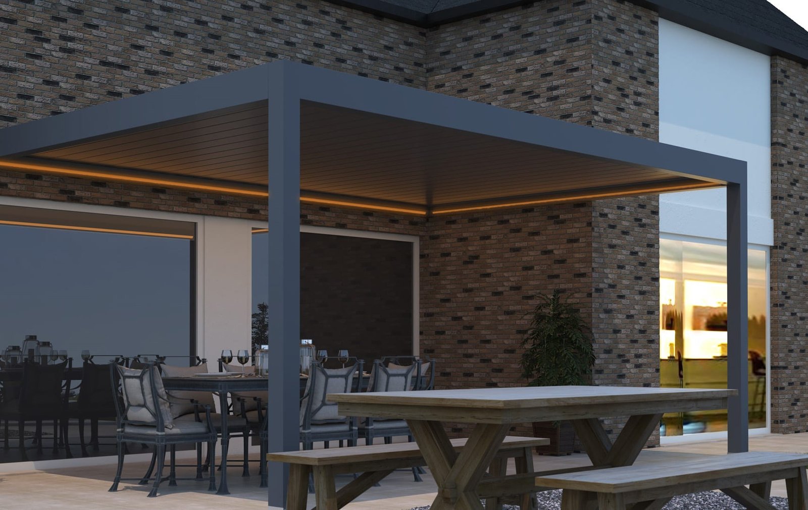Pergolas Luxembourg moderne avec éclairage intégré, abritant un espace repas extérieur, sur un patio près d'une façade en brique.